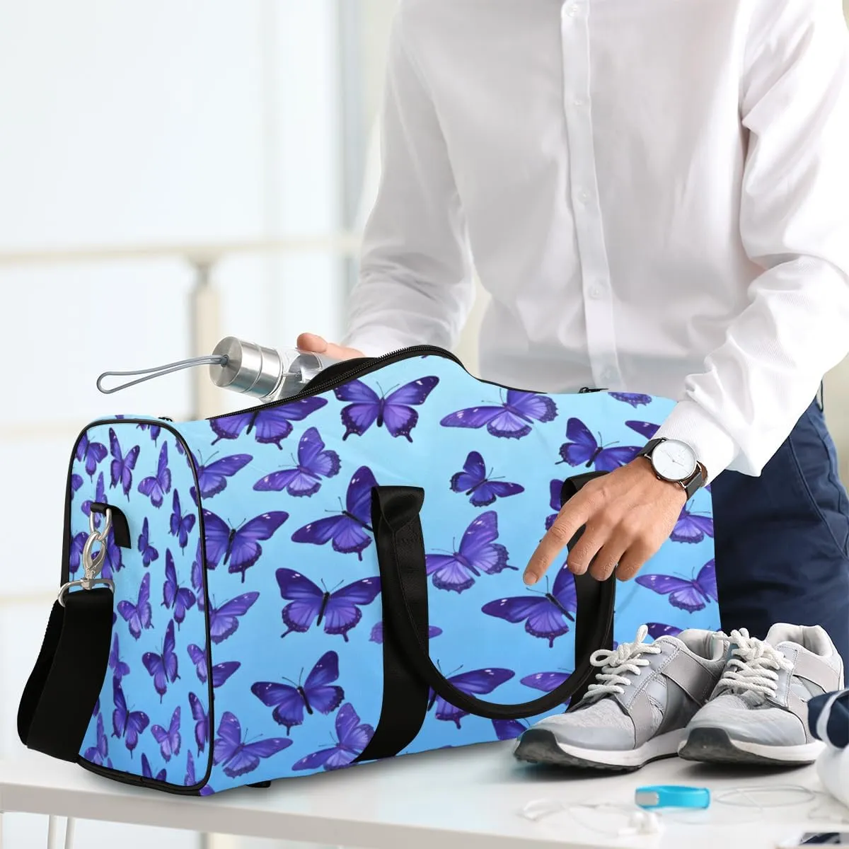 Blue Travel Duffle Bag, Sports Gym Bags for Women Men, Carry On Weekender Overnight Bag, Butterfly Workout Hospital Airplane Trips Bag