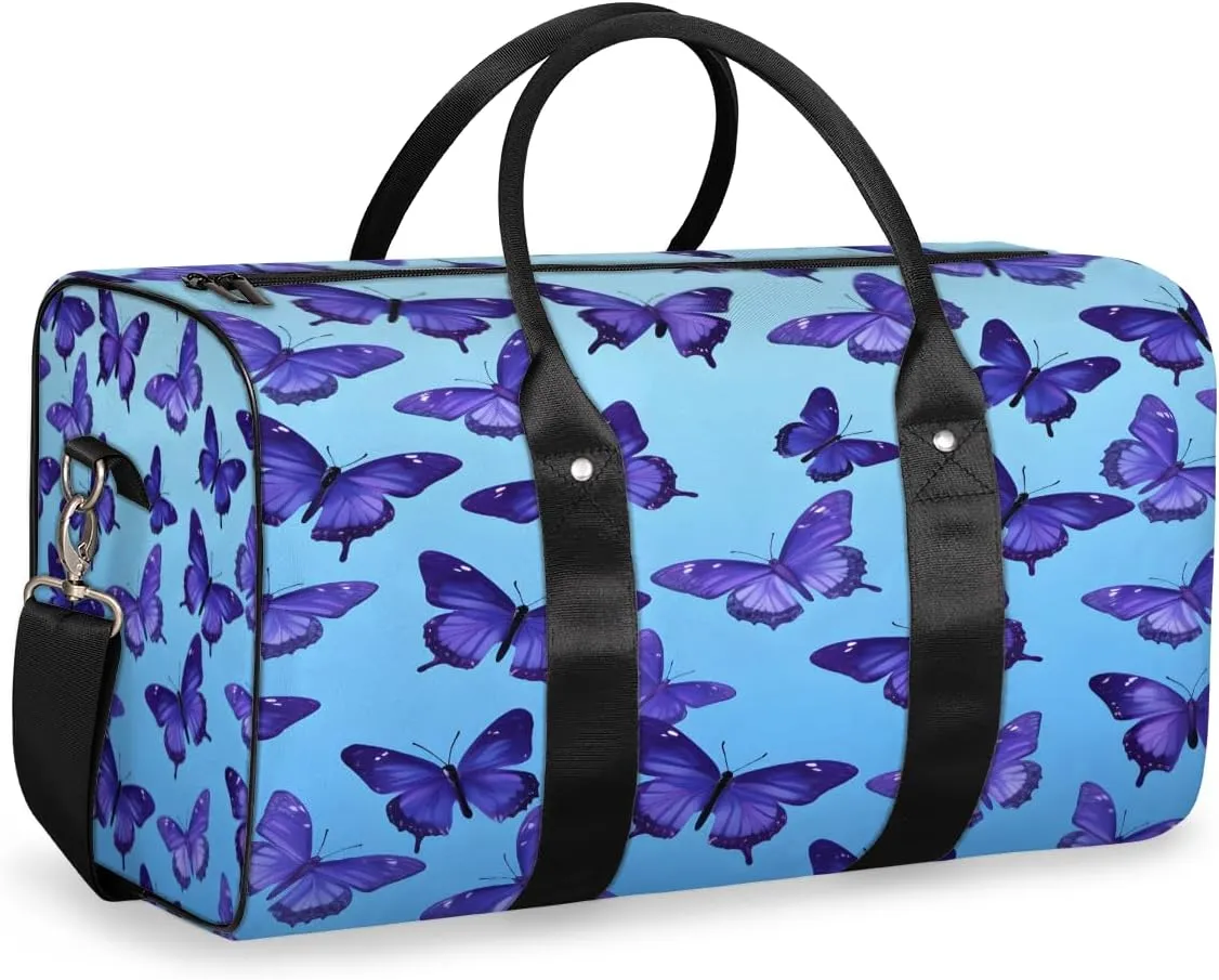 Blue Travel Duffle Bag, Sports Gym Bags for Women Men, Carry On Weekender Overnight Bag, Butterfly Workout Hospital Airplane Trips Bag