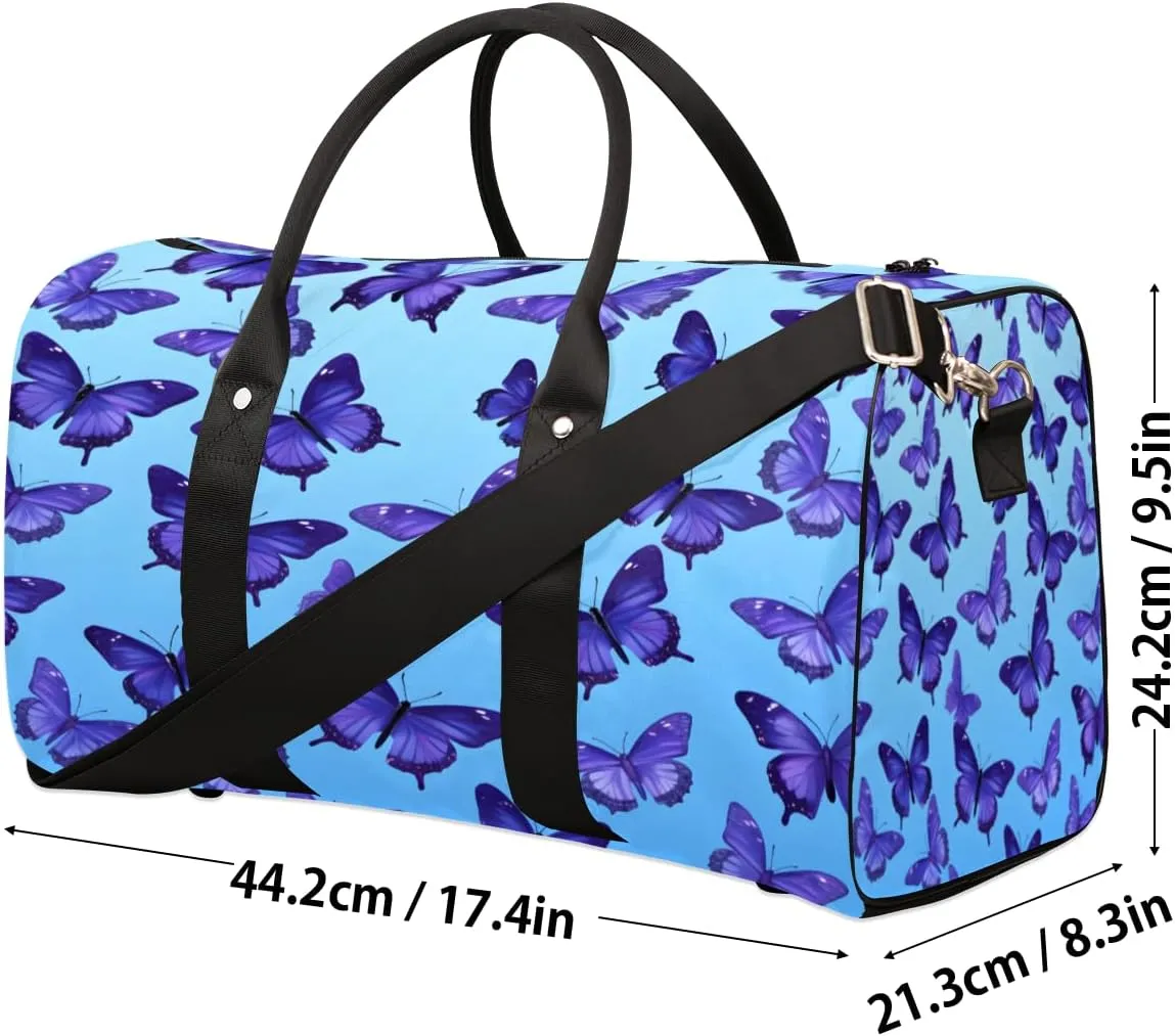 Blue Travel Duffle Bag, Sports Gym Bags for Women Men, Carry On Weekender Overnight Bag, Butterfly Workout Hospital Airplane Trips Bag