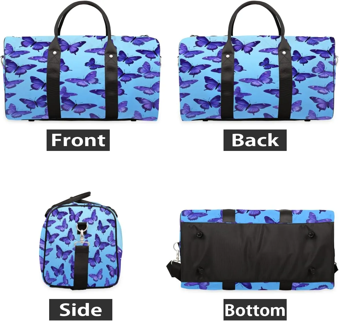 Blue Travel Duffle Bag, Sports Gym Bags for Women Men, Carry On Weekender Overnight Bag, Butterfly Workout Hospital Airplane Trips Bag