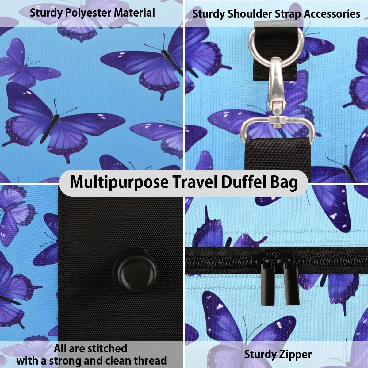 Blue Travel Duffle Bag, Sports Gym Bags for Women Men, Carry On Weekender Overnight Bag, Butterfly Workout Hospital Airplane Trips Bag
