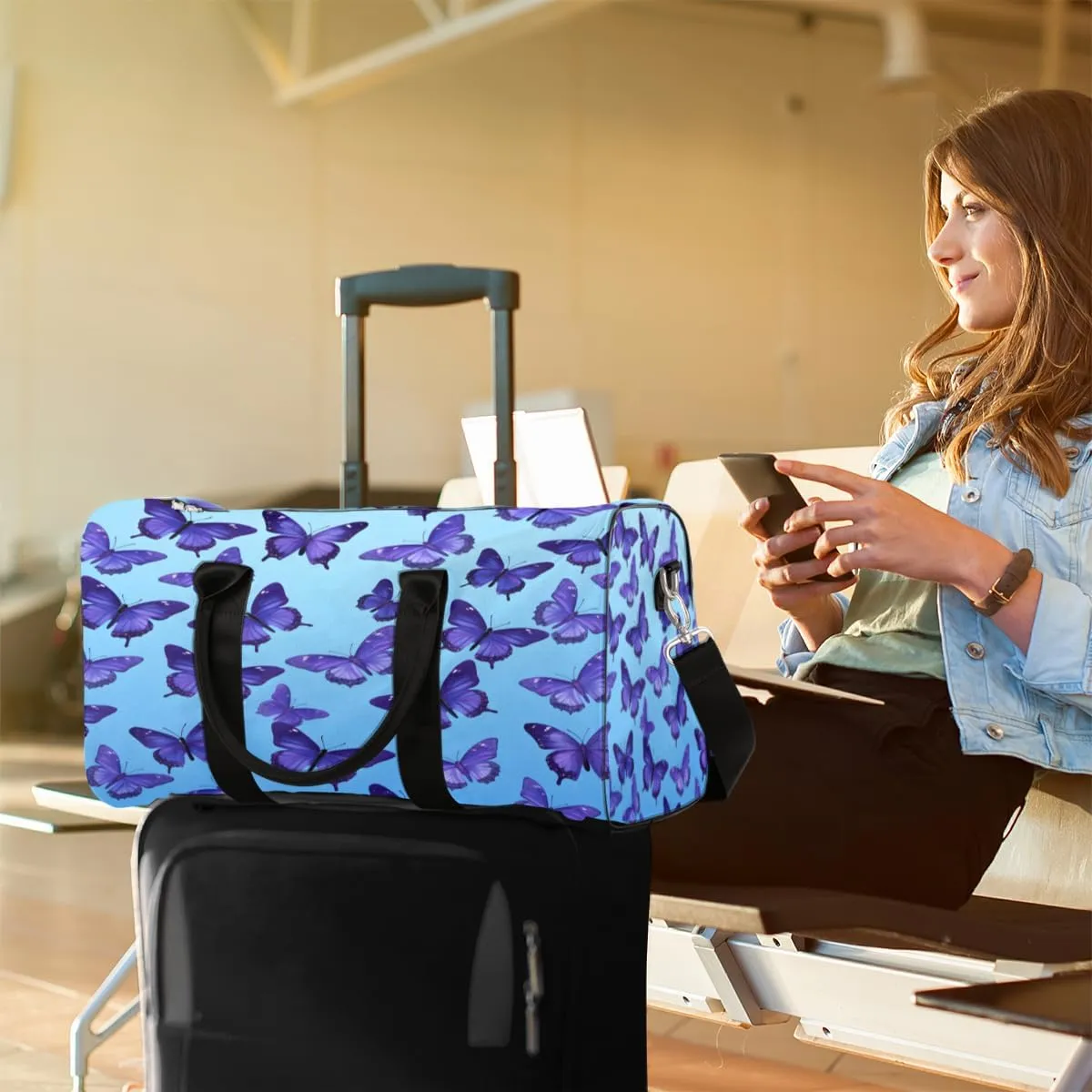 Blue Travel Duffle Bag, Sports Gym Bags for Women Men, Carry On Weekender Overnight Bag, Butterfly Workout Hospital Airplane Trips Bag