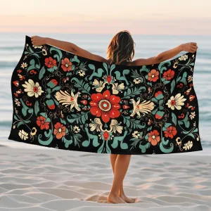 Bohemian Floral Microfiber Beach Towel Soft Coral Blossom Sand Free Lightweight Absorbent Quick Dry Beach Blanket, Ideal for Outdoor Travel Vacation Pool Picnic Essentials 62x31 Inch