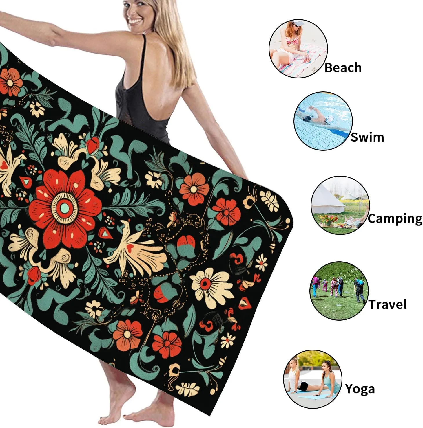 Bohemian Floral Microfiber Beach Towel Soft Coral Blossom Sand Free Lightweight Absorbent Quick Dry Beach Blanket, Ideal for Outdoor Travel Vacation Pool Picnic Essentials 62x31 Inch