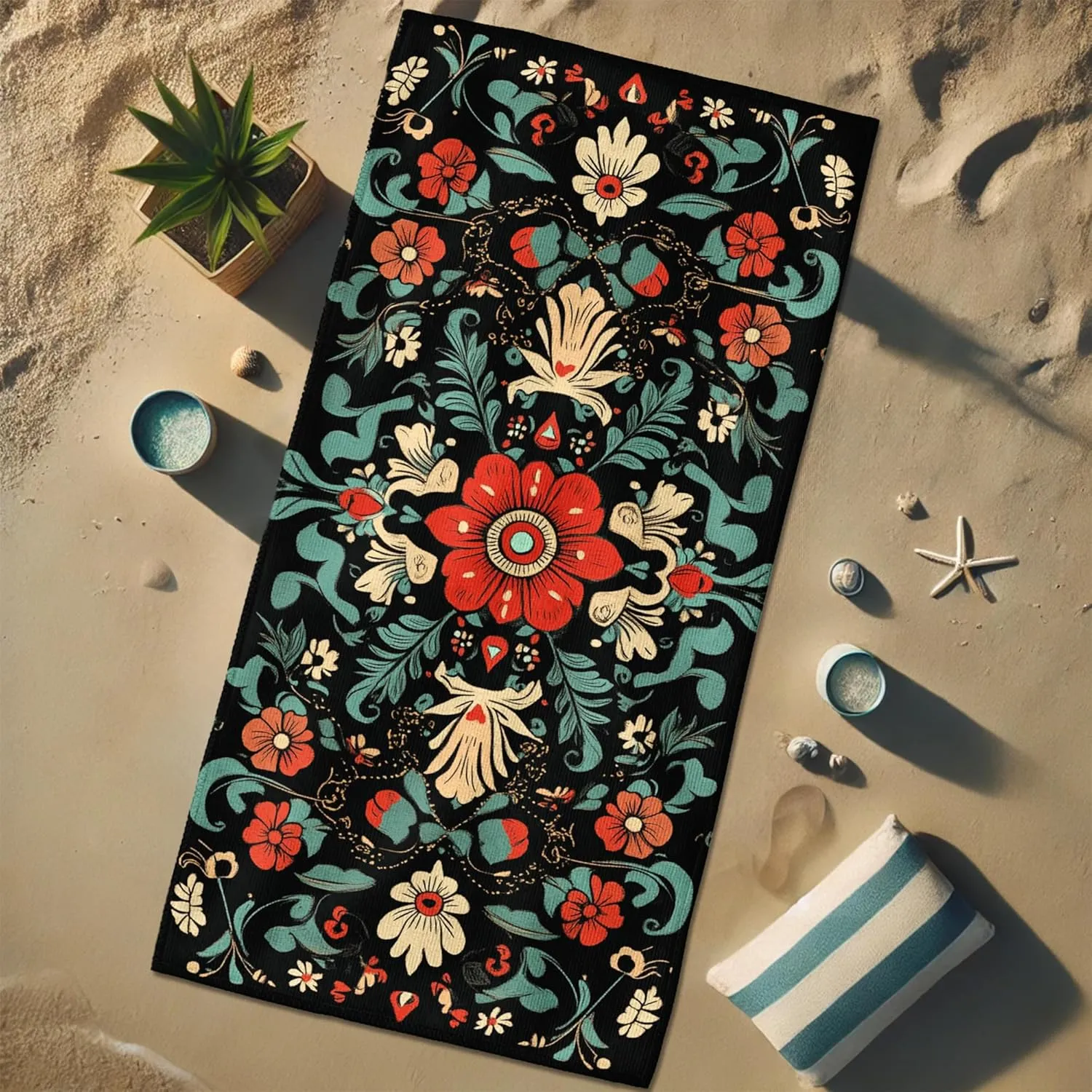 Bohemian Floral Microfiber Beach Towel Soft Coral Blossom Sand Free Lightweight Absorbent Quick Dry Beach Blanket, Ideal for Outdoor Travel Vacation Pool Picnic Essentials 62x31 Inch