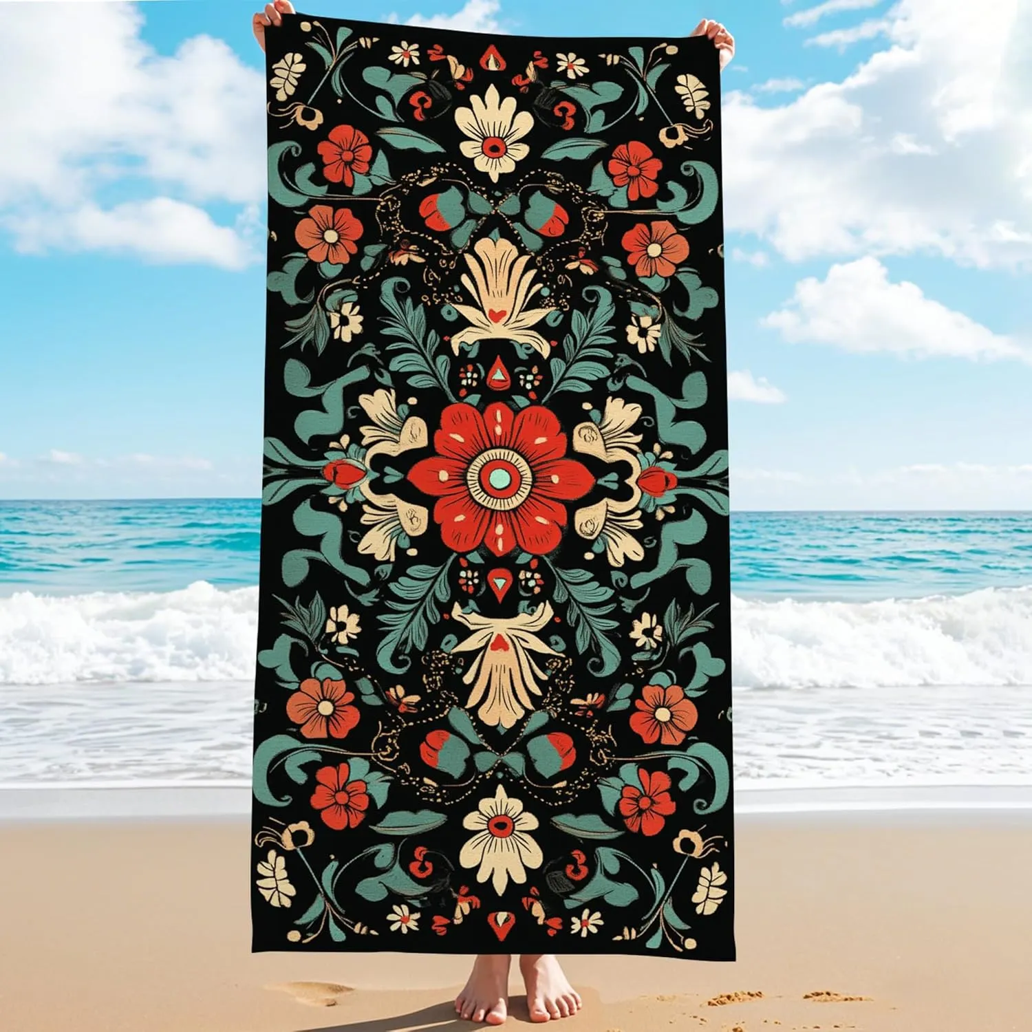 Bohemian Floral Microfiber Beach Towel Soft Coral Blossom Sand Free Lightweight Absorbent Quick Dry Beach Blanket, Ideal for Outdoor Travel Vacation Pool Picnic Essentials 62x31 Inch