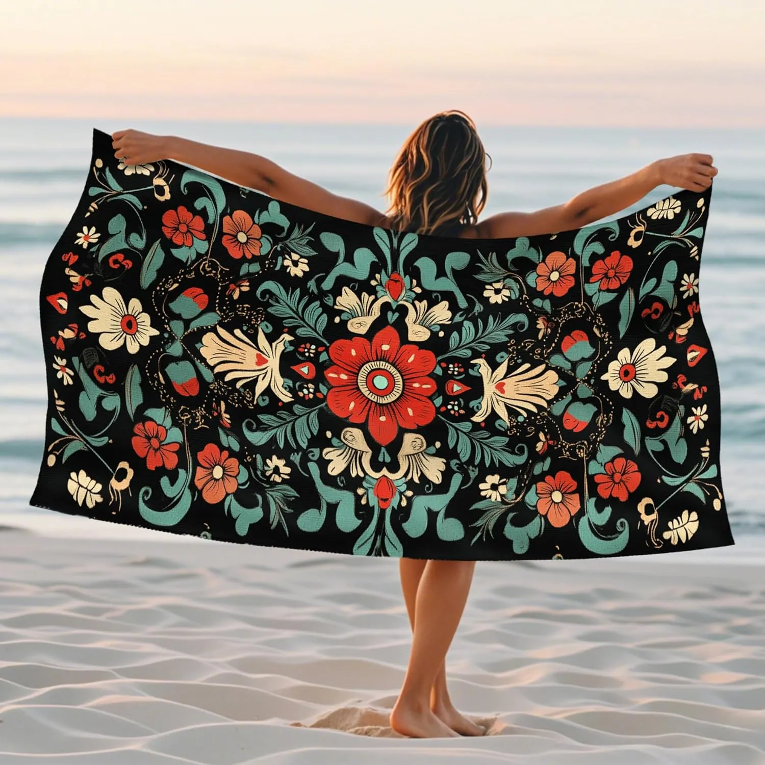 Bohemian Floral Microfiber Beach Towel Soft Coral Blossom Sand Free Lightweight Absorbent Quick Dry Beach Blanket, Ideal for Outdoor Travel Vacation Pool Picnic Essentials 62x31 Inch