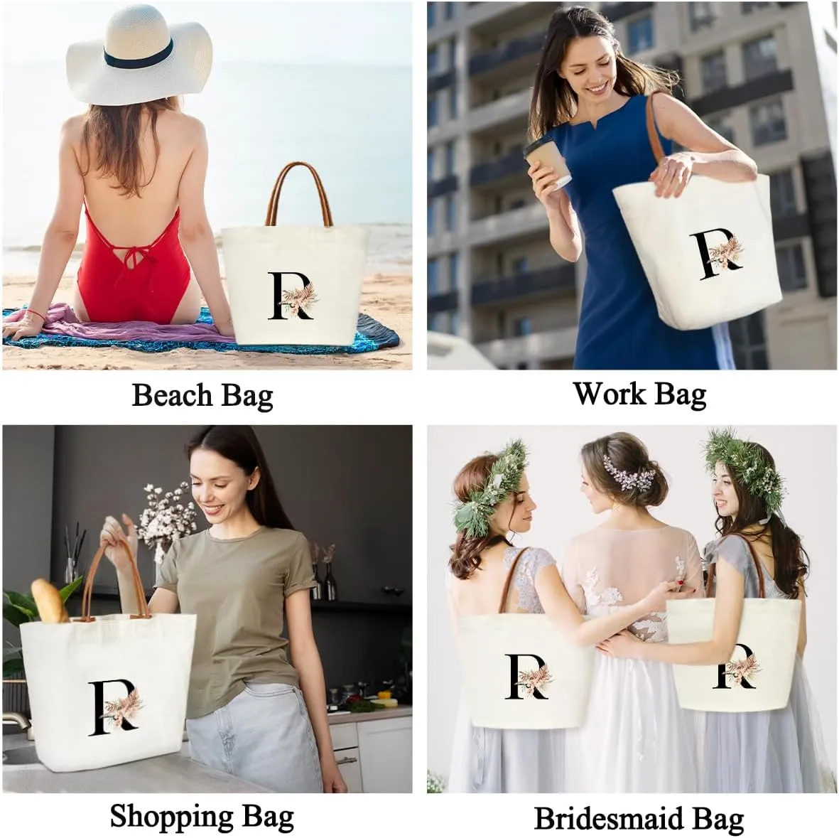 Boho Monogram Initial R Tote Bags for Women, Personalized Canvas Tote Bags Monogrammed Gifts for Women Birthday Wedding Gifts for Mom Sister Teacher Friend Bridesmaid, Beach Bag Shopping Handbag -ZM17