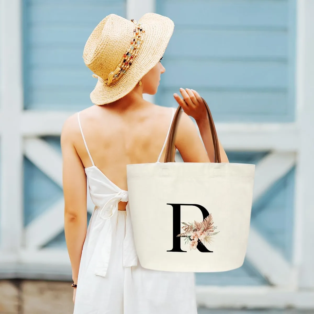 Boho Monogram Initial R Tote Bags for Women, Personalized Canvas Tote Bags Monogrammed Gifts for Women Birthday Wedding Gifts for Mom Sister Teacher Friend Bridesmaid, Beach Bag Shopping Handbag -ZM17