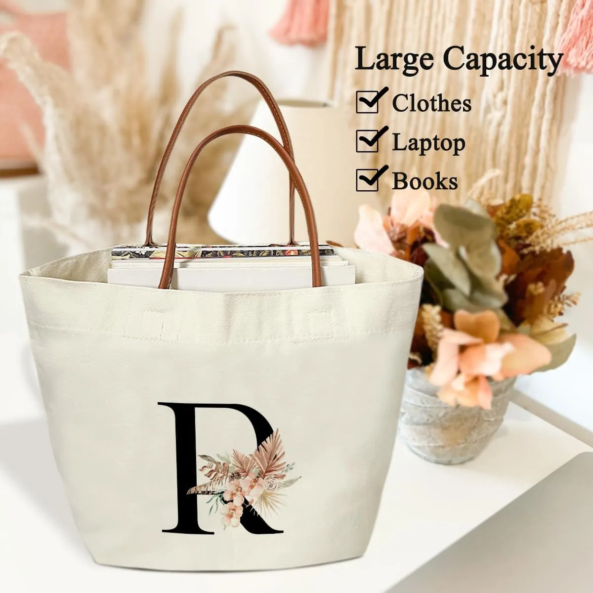Boho Monogram Initial R Tote Bags for Women, Personalized Canvas Tote Bags Monogrammed Gifts for Women Birthday Wedding Gifts for Mom Sister Teacher Friend Bridesmaid, Beach Bag Shopping Handbag -ZM17