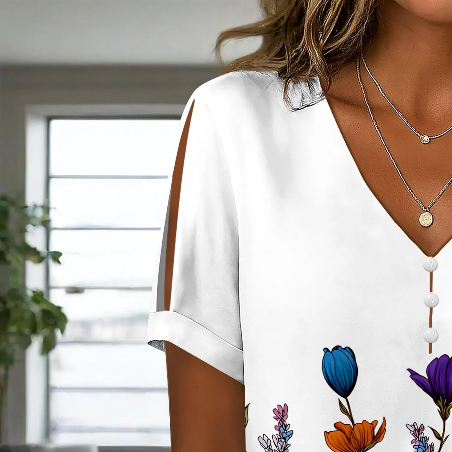 Boho Plus Size Tops for Women V Neck Blouses Business Casual Cold Shoulder T Shirts Trendy Floral Print Ladies Tops