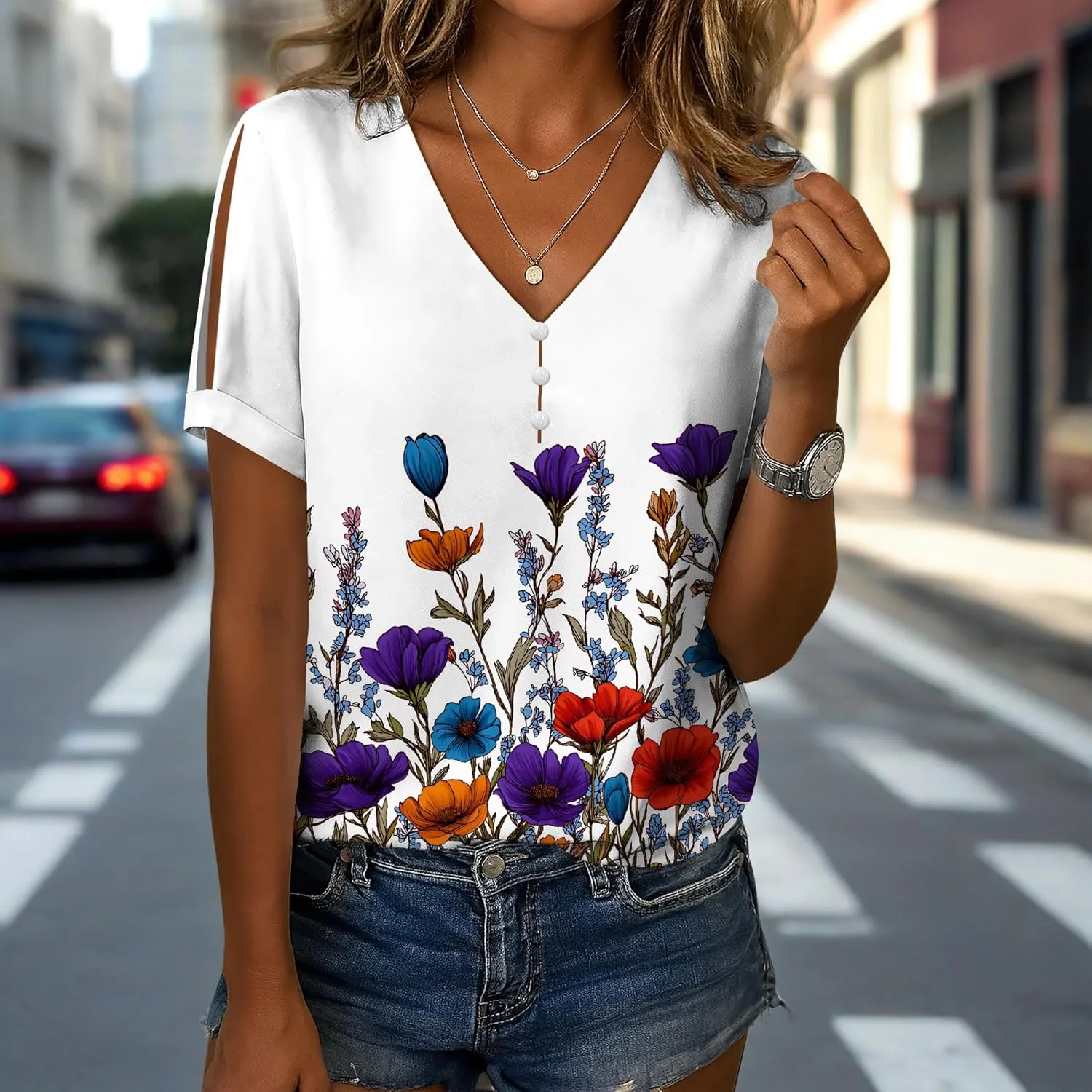Boho Plus Size Tops for Women V Neck Blouses Business Casual Cold Shoulder T Shirts Trendy Floral Print Ladies Tops