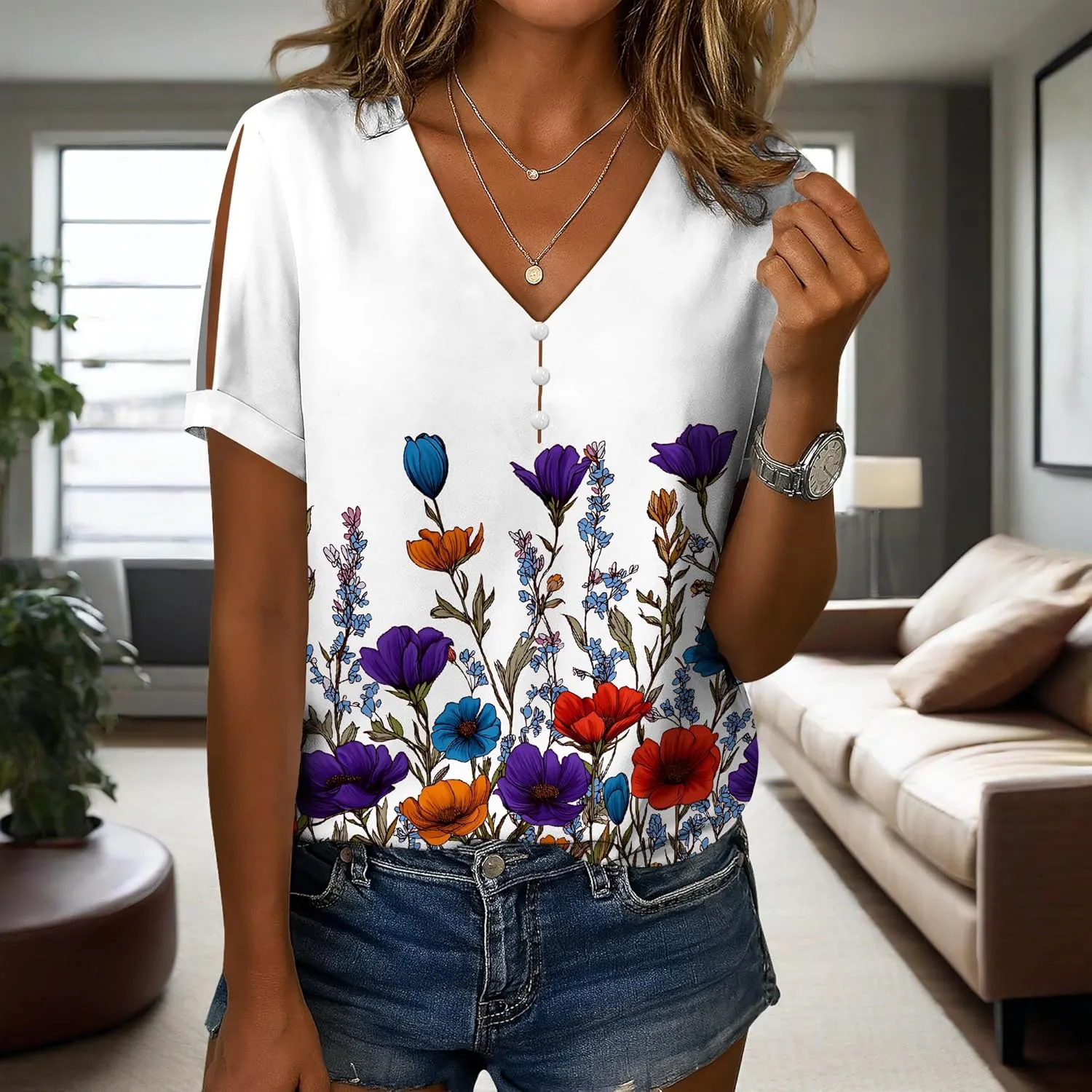 Boho Plus Size Tops for Women V Neck Blouses Business Casual Cold Shoulder T Shirts Trendy Floral Print Ladies Tops