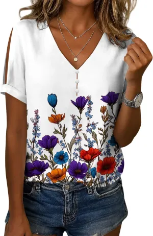 Boho Plus Size Tops for Women V Neck Blouses Business Casual Cold Shoulder T Shirts Trendy Floral Print Ladies Tops