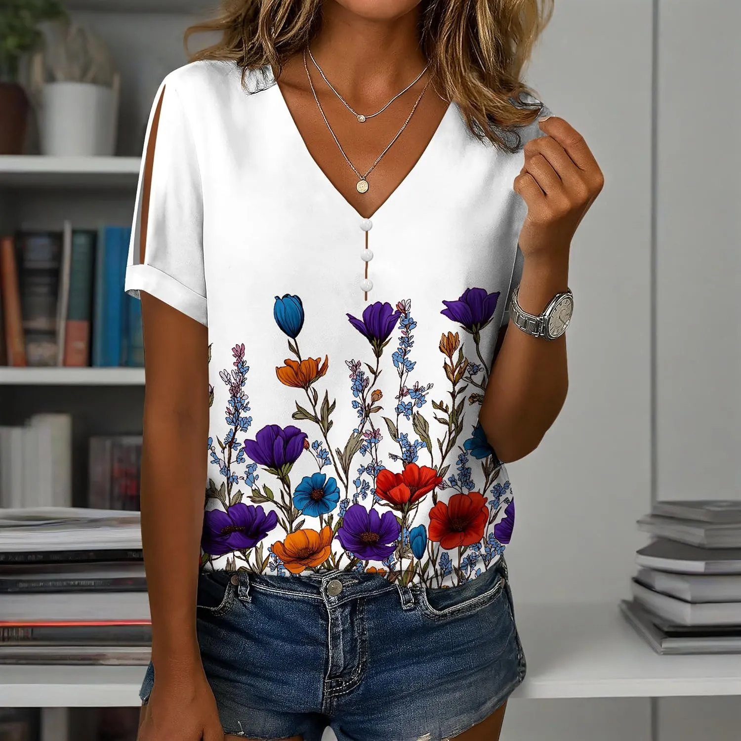 Boho Plus Size Tops for Women V Neck Blouses Business Casual Cold Shoulder T Shirts Trendy Floral Print Ladies Tops