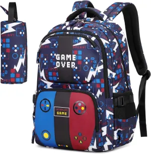 Boys Backpack, Kids School Backpack with Pencil Case Set Boys Bookbag School Bag for Primary Elementary School, Age 5-12 Years Old, Game Machine