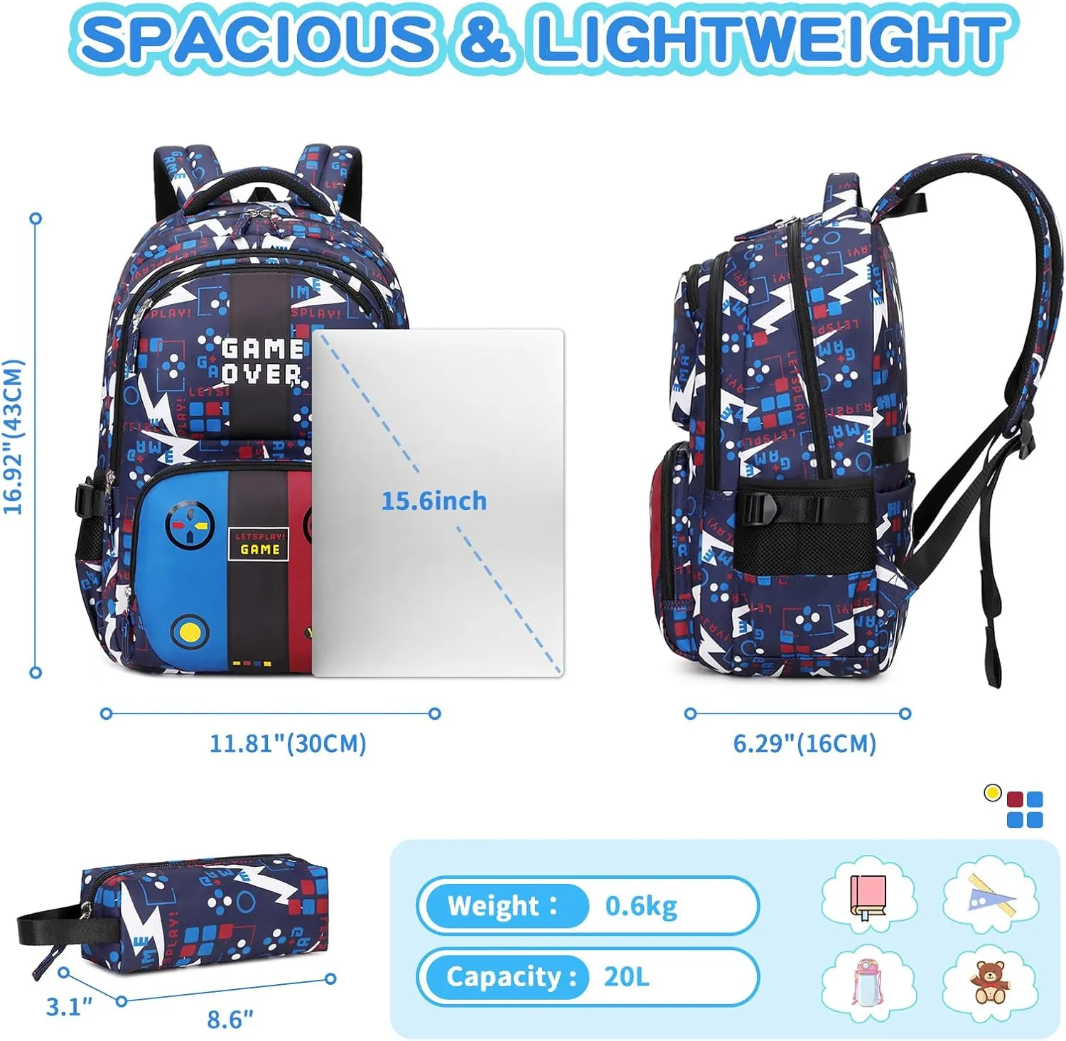 Boys Backpack, Kids School Backpack with Pencil Case Set Boys Bookbag School Bag for Primary Elementary School, Age 5-12 Years Old, Game Machine