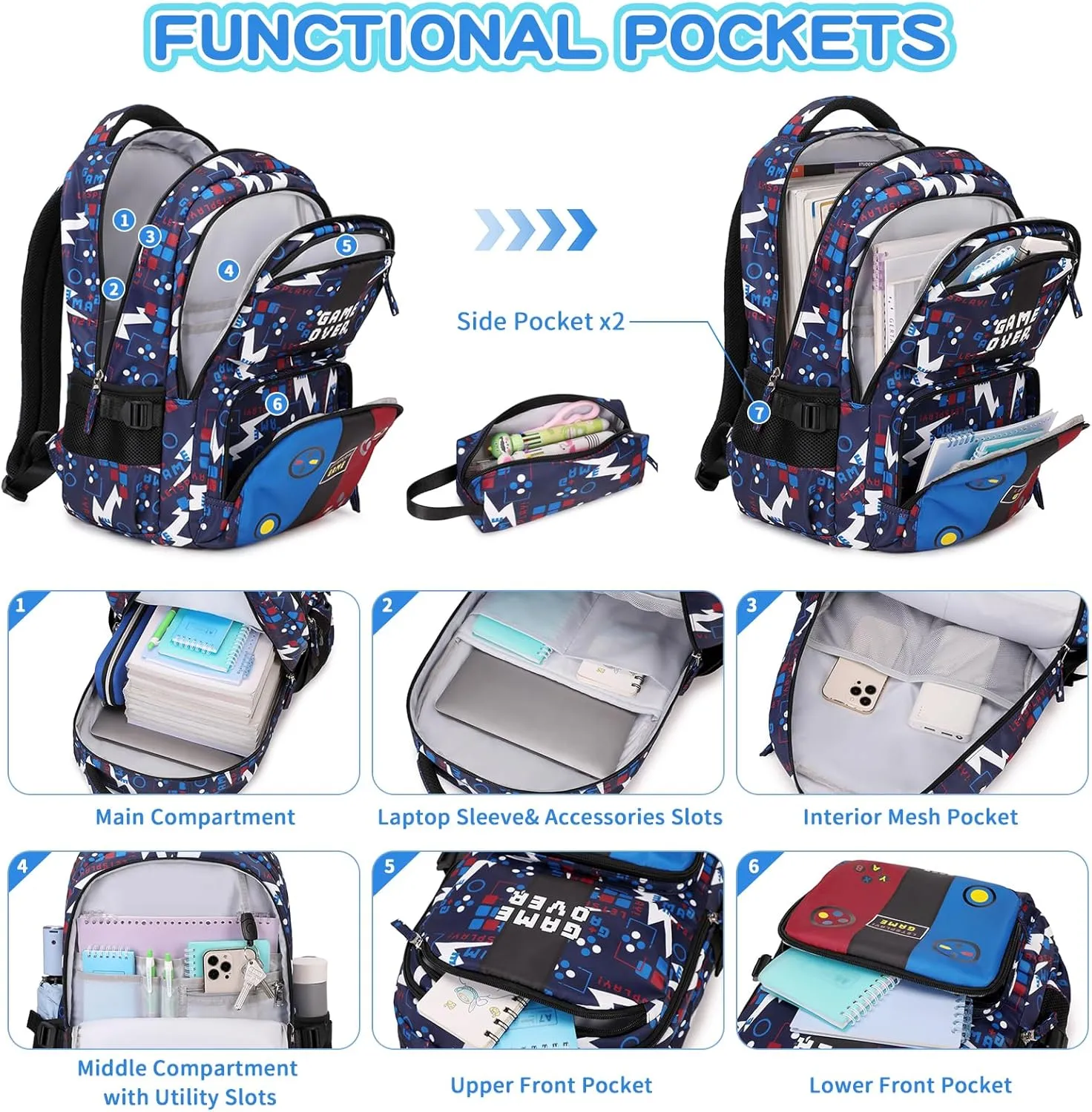 Boys Backpack, Kids School Backpack with Pencil Case Set Boys Bookbag School Bag for Primary Elementary School, Age 5-12 Years Old, Game Machine