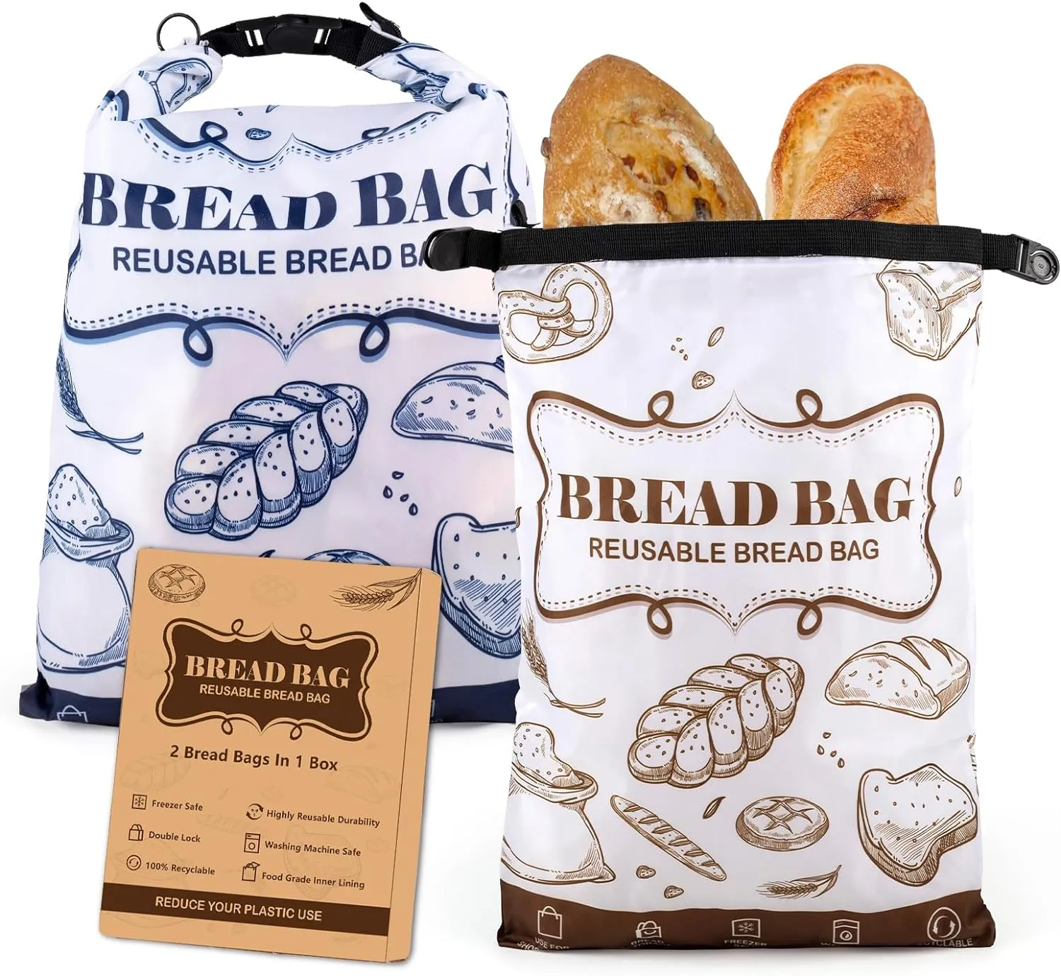Bread Bags, 2 Packs Bread Bags for Homemade Bread, Reusable Sourdough Storage Bag With Zipper, Large Freezer Container to Keep Bread Fresh (Blue)