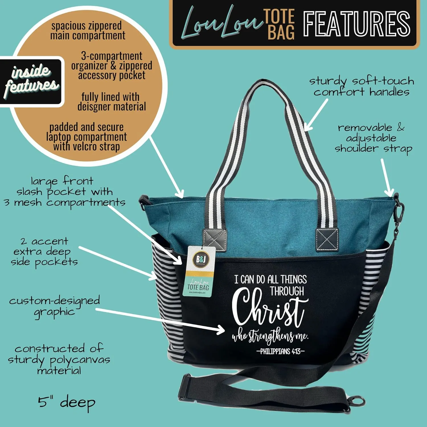 Brooke & Jess Designs Church Bags for Women - Bible Tote Bags for Women, Large Tote Bag for Womens with Zipper