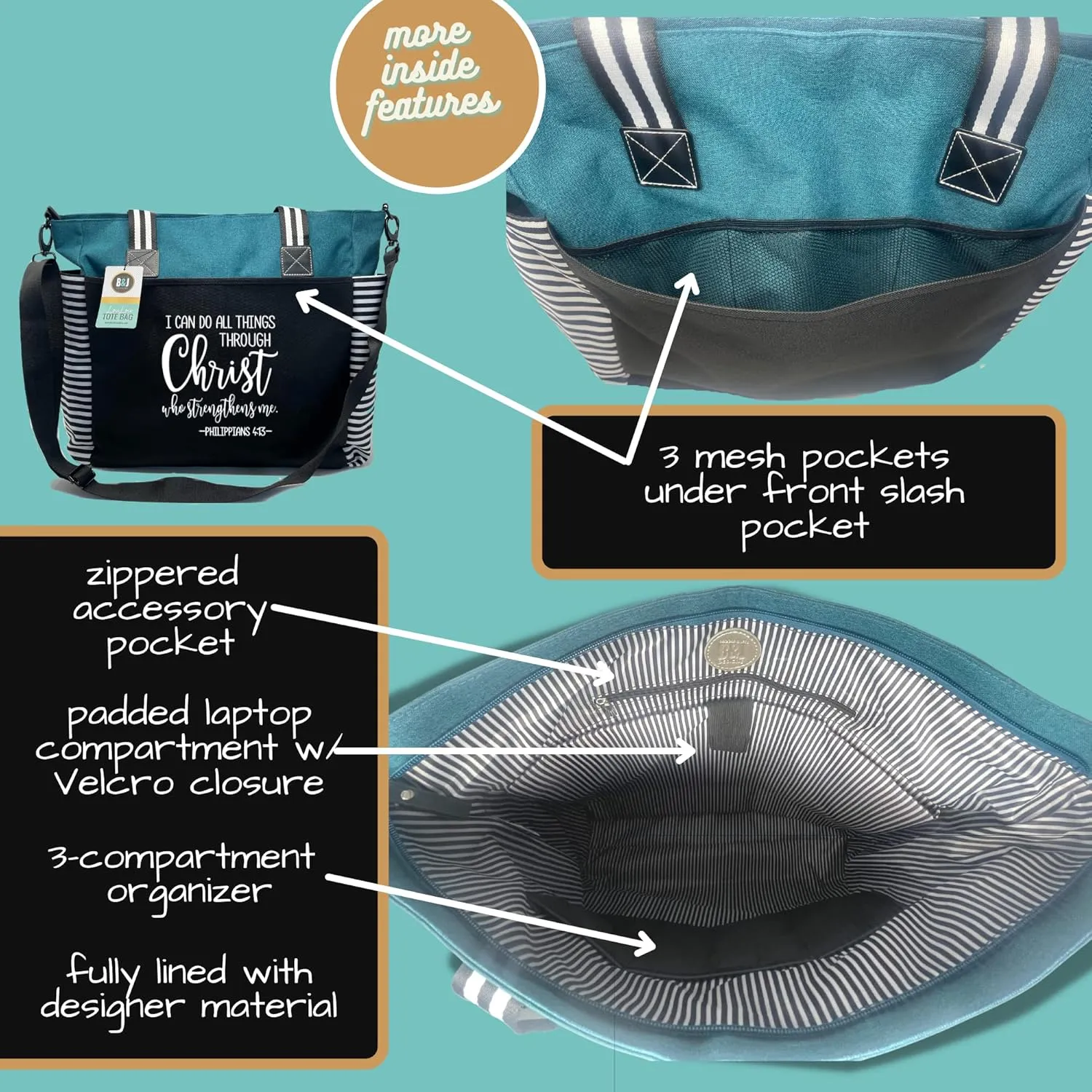Brooke & Jess Designs Church Bags for Women - Bible Tote Bags for Women, Large Tote Bag for Womens with Zipper