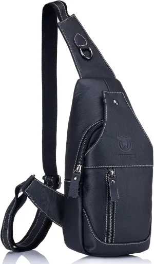 BULLCAPTAIN Leather Men's Sling Backpack Multi-pocket Crossbody Chest Bags Travel Casual Backpack with Earphone Hole (Black)