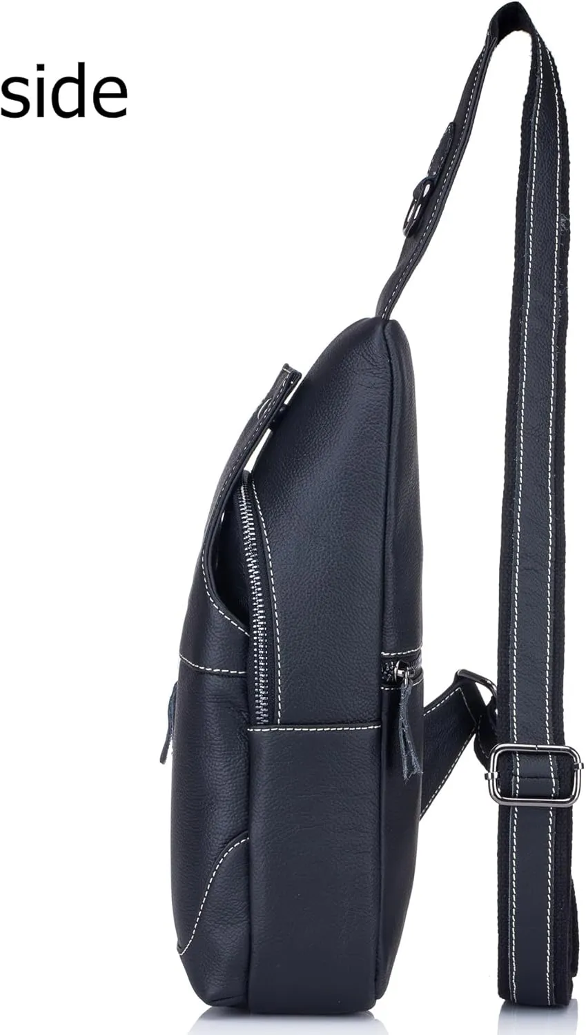 BULLCAPTAIN Leather Men's Sling Backpack Multi-pocket Crossbody Chest Bags Travel Casual Backpack with Earphone Hole (Black)