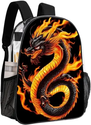 Burning Flaming Fire Chinese Dragon Backpack Lightweight Anti-Theft Multipurpose Shoulder Bag Large Capacity Travel Hiking Backpack Transparent Bag