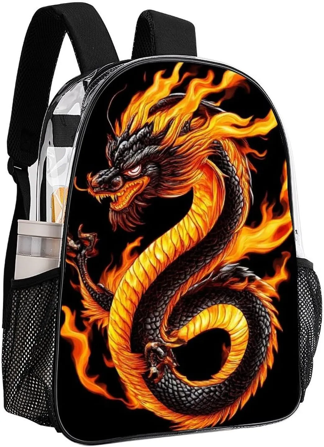 Burning Flaming Fire Chinese Dragon Backpack Lightweight Anti-Theft Multipurpose Shoulder Bag Large Capacity Travel Hiking Backpack Transparent Bag