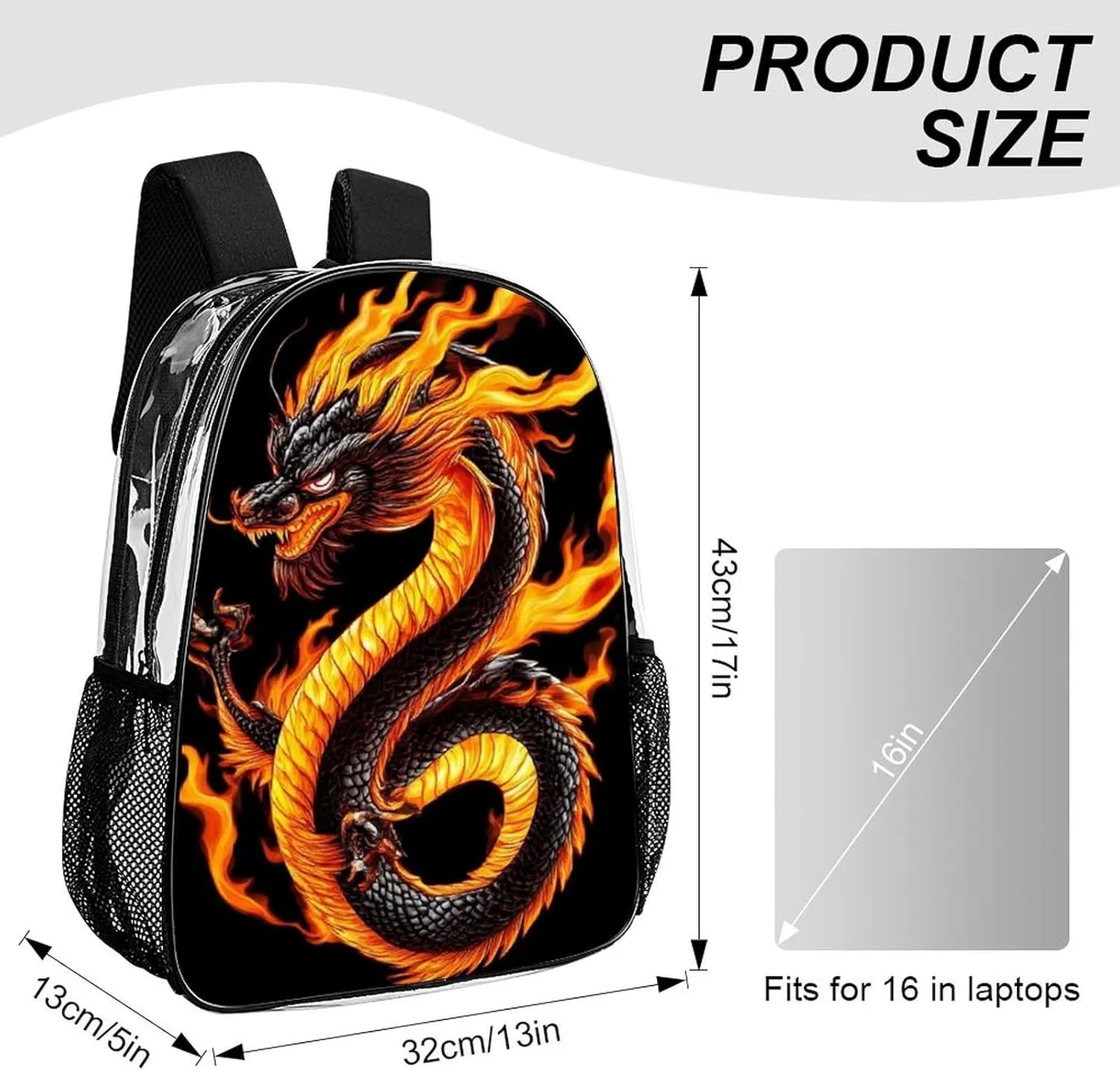 Burning Flaming Fire Chinese Dragon Backpack Lightweight Anti-Theft Multipurpose Shoulder Bag Large Capacity Travel Hiking Backpack Transparent Bag
