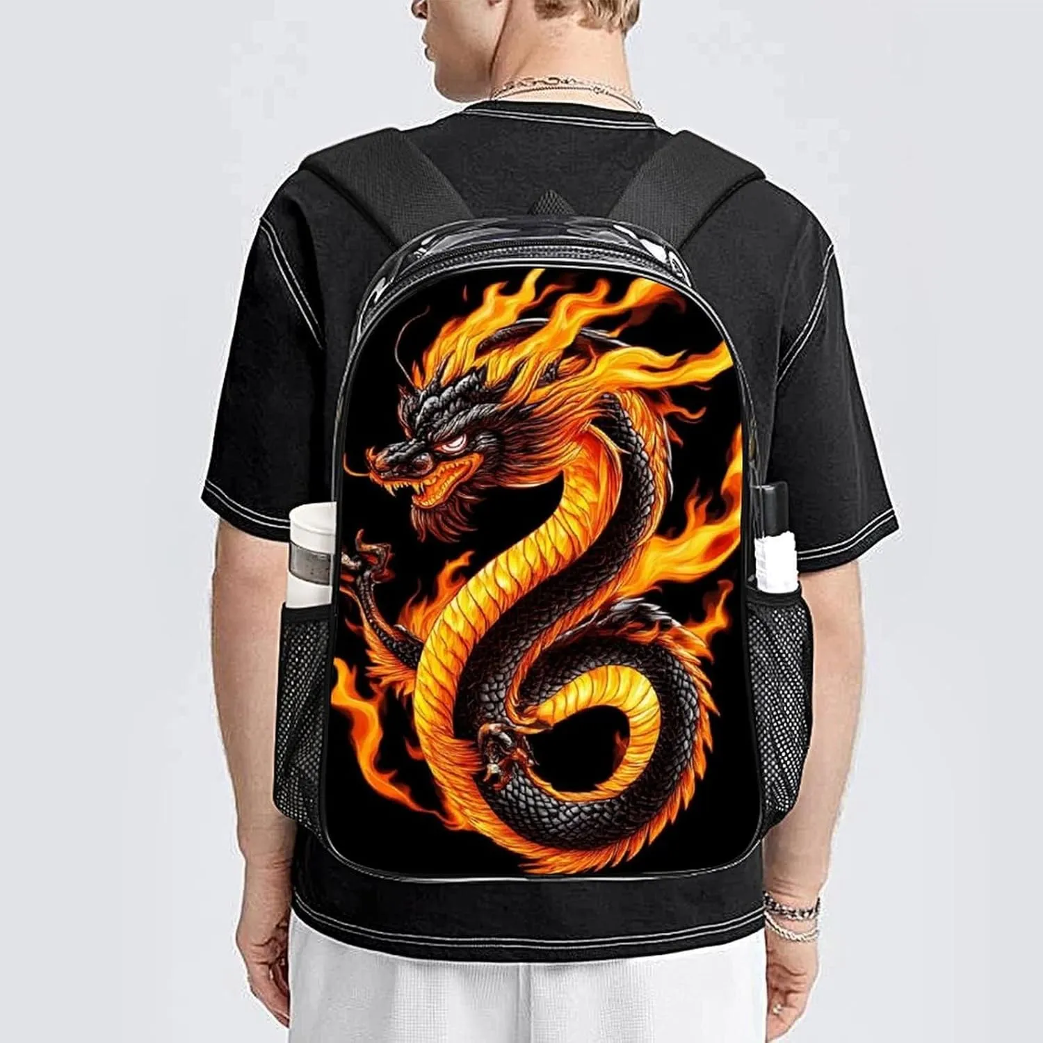 Burning Flaming Fire Chinese Dragon Backpack Lightweight Anti-Theft Multipurpose Shoulder Bag Large Capacity Travel Hiking Backpack Transparent Bag