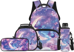 Butterfly Backpack for Girls Boys School Bag with Lunch Bag Pencil Case Water Bottle Holder Elementary Cute Bookbag for Kids 4 Piece Back to School Supplies