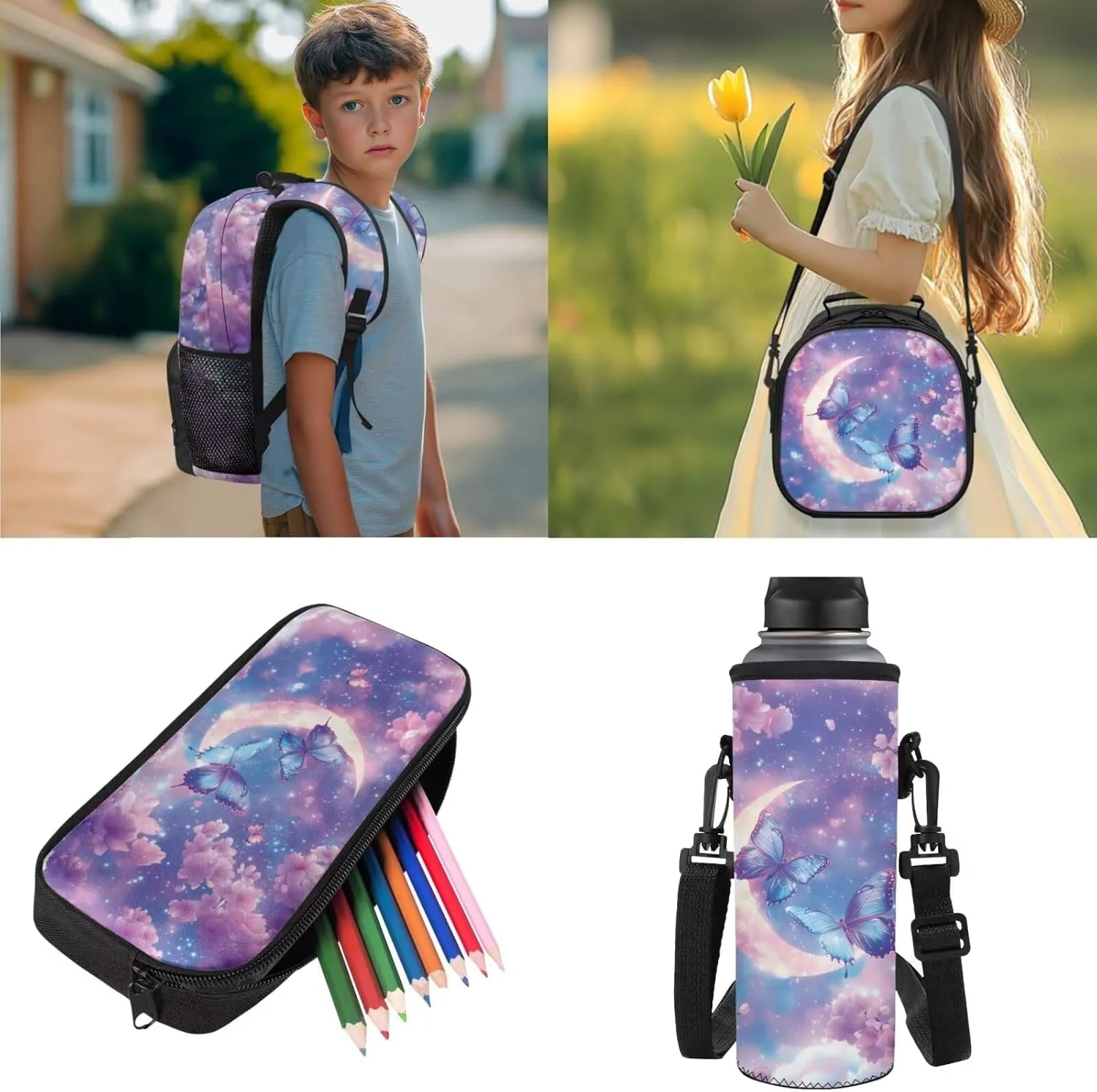 Butterfly Backpack for Girls Boys School Bag with Lunch Bag Pencil Case Water Bottle Holder Elementary Cute Bookbag for Kids 4 Piece Back to School Supplies