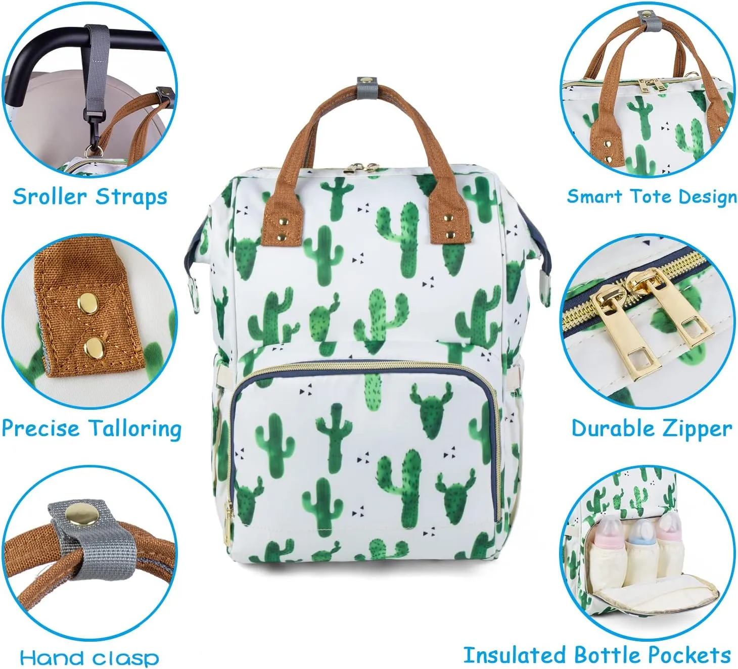 Cactus Print Diaper Bag Backpack for Mom Dad, Maternity Changing Bag Diaper Backpack with Stroller Straps (Cactus)
