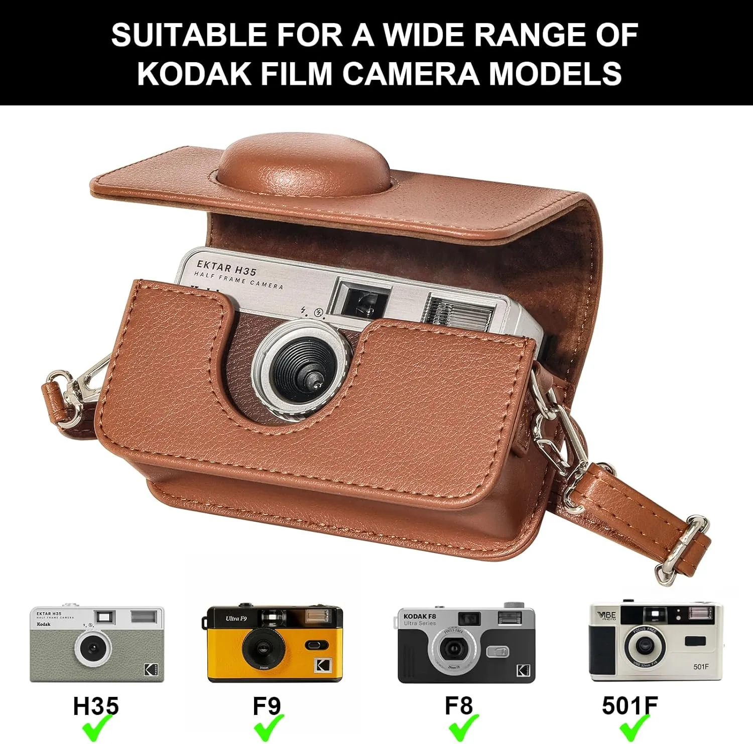 CAIYOULE Camera Case for Kodak EKTAR H35 H35N/F8/F9 Half Frame Film Camera, PU Leather Camera Case for Kodak Carrying Protective Case with Shoulder Strap, Brown (No Camera)