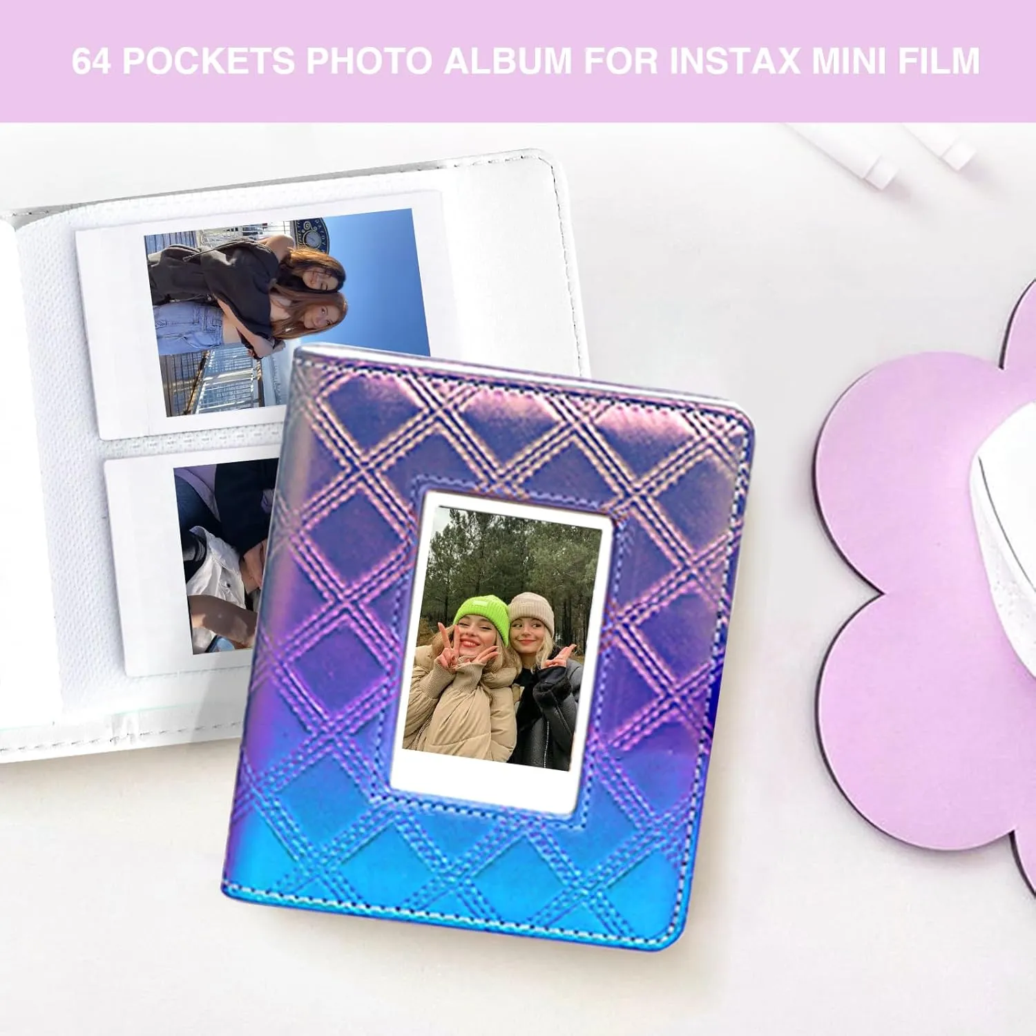 CAIYOULE Protective Camera Case for Instax Mini 12/11 Instant Camera for Fuji Mini 12/11 Case PU Leather Carrying Bag with Adjustable Shoulder Strap and 64 Pockets Photo Album - Blue and Purple