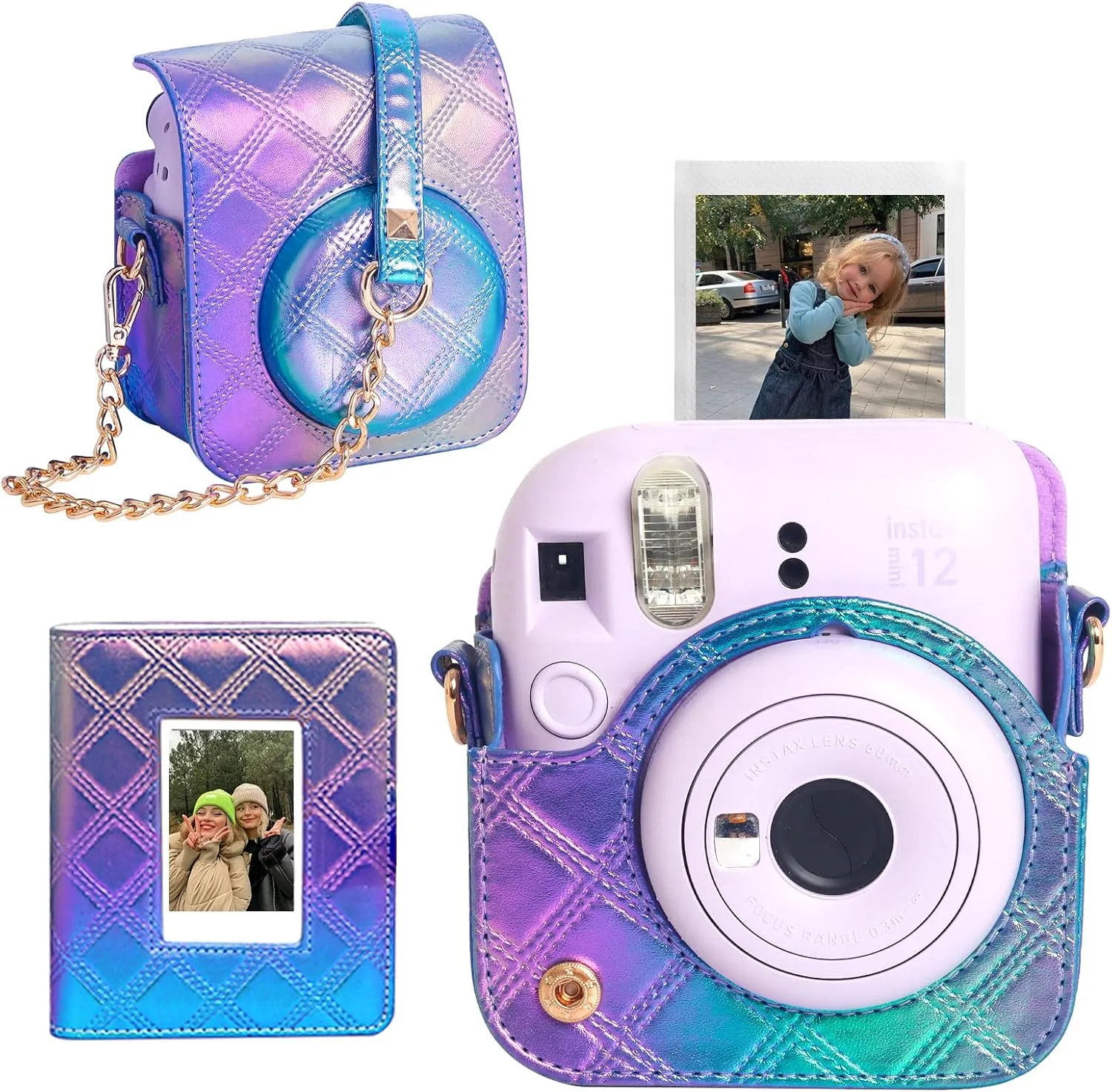 CAIYOULE Protective Camera Case for Instax Mini 12/11 Instant Camera for Fuji Mini 12/11 Case PU Leather Carrying Bag with Adjustable Shoulder Strap and 64 Pockets Photo Album - Blue and Purple