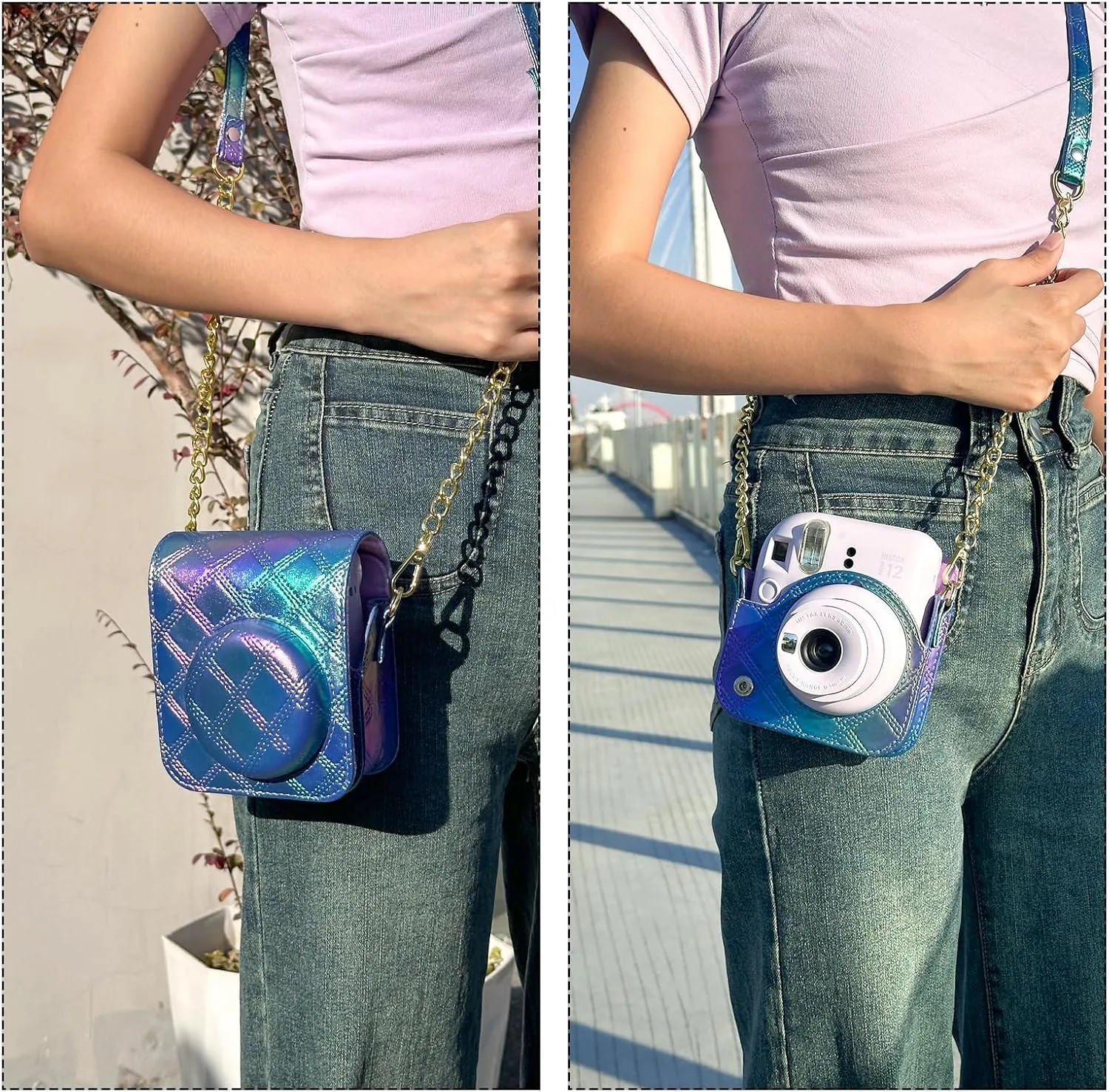 CAIYOULE Protective Camera Case for Instax Mini 12/11 Instant Camera for Fuji Mini 12/11 Case PU Leather Carrying Bag with Adjustable Shoulder Strap and 64 Pockets Photo Album - Blue and Purple