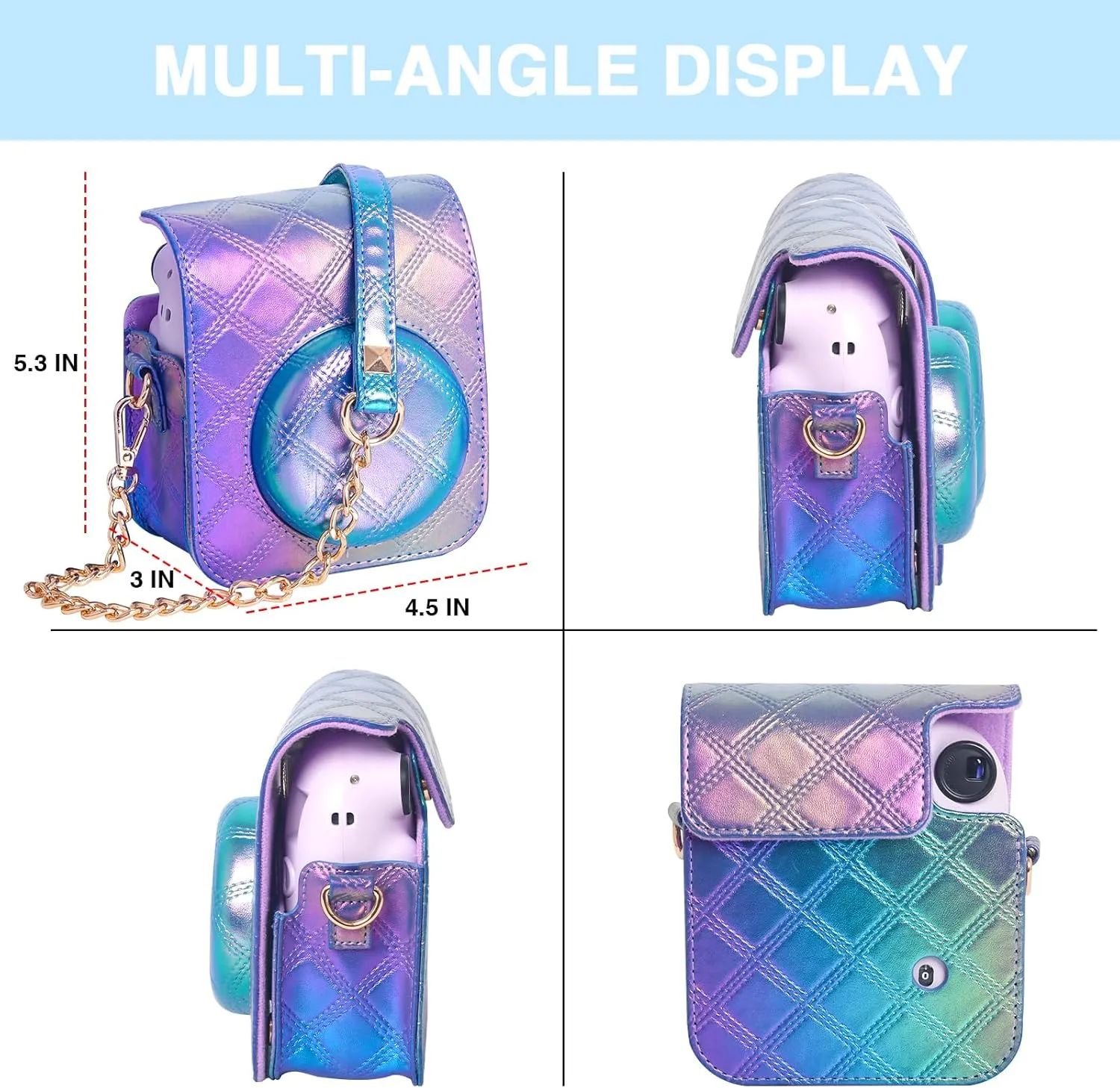 CAIYOULE Protective Camera Case for Instax Mini 12/11 Instant Camera for Fuji Mini 12/11 Case PU Leather Carrying Bag with Adjustable Shoulder Strap and 64 Pockets Photo Album - Blue and Purple