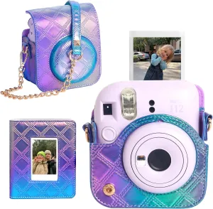 CAIYOULE Protective Camera Case for Instax Mini 12/11 Instant Camera for Fuji Mini 12/11 Case PU Leather Carrying Bag with Adjustable Shoulder Strap and 64 Pockets Photo Album - Blue and Purple