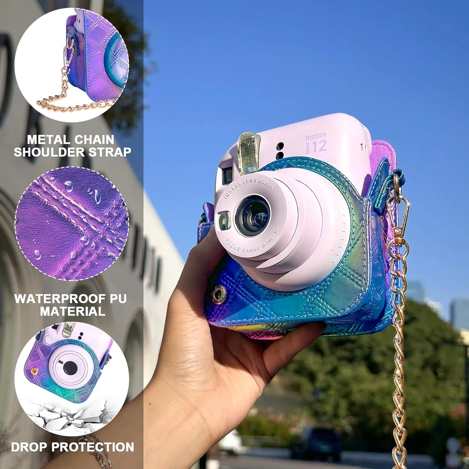 CAIYOULE Protective Camera Case for Instax Mini 12/11 Instant Camera for Fuji Mini 12/11 Case PU Leather Carrying Bag with Adjustable Shoulder Strap and 64 Pockets Photo Album - Blue and Purple
