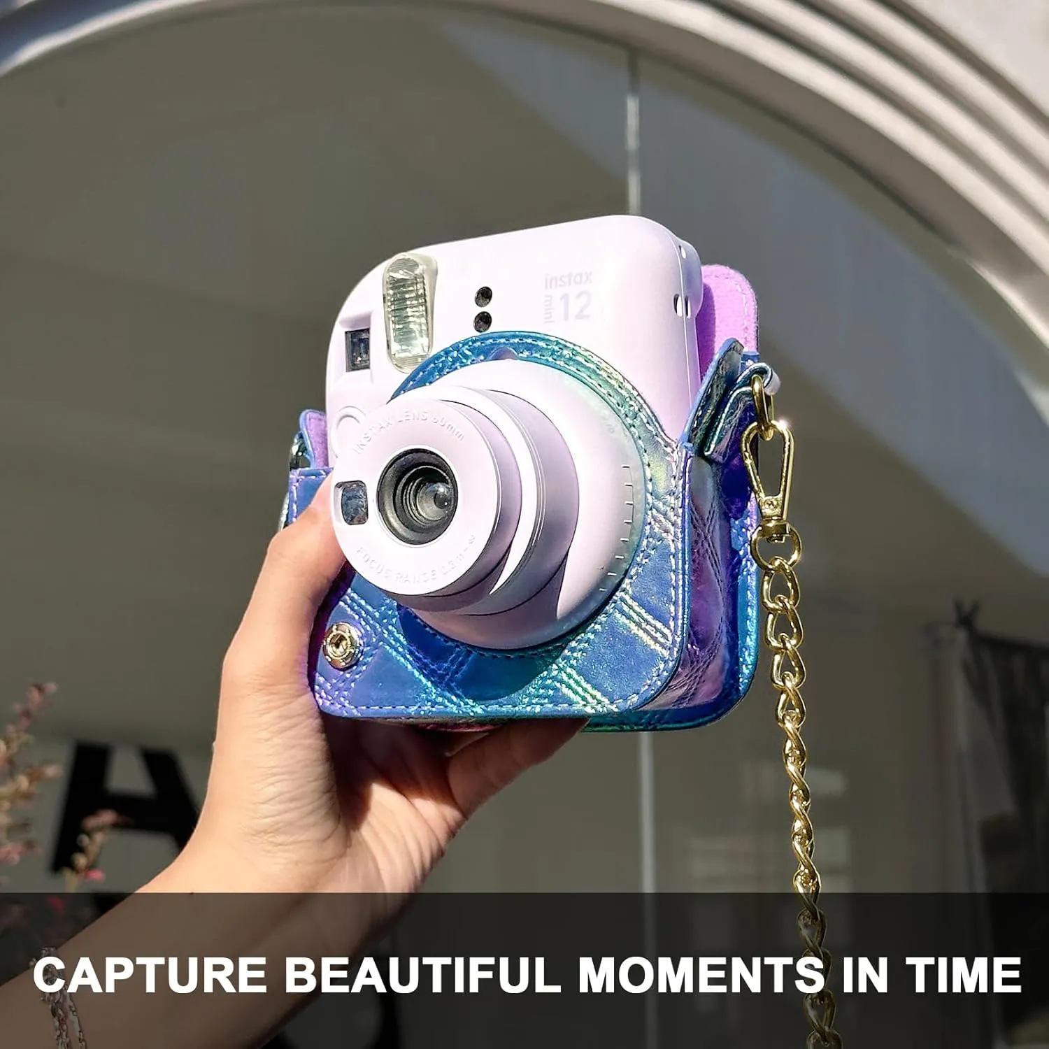 CAIYOULE Protective Camera Case for Instax Mini 12/11 Instant Camera for Fuji Mini 12/11 Case PU Leather Carrying Bag with Adjustable Shoulder Strap and 64 Pockets Photo Album - Blue and Purple