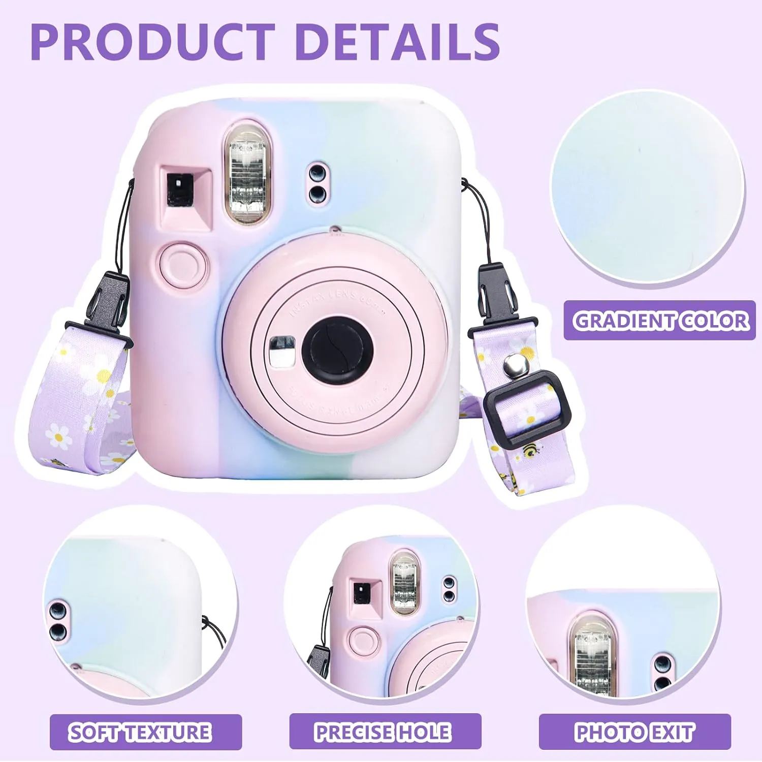 CAIYOULE Silicone Case for Fujifilm Instax Mini 12 Camera, Protective Case for Instax Mini 12 with Adjustable Shoulder Strap - Light Gradient