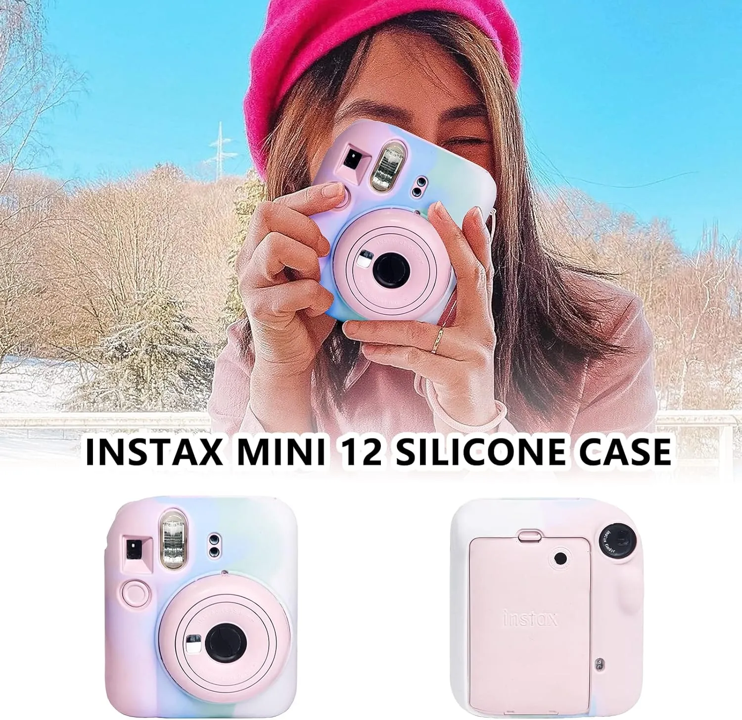 CAIYOULE Silicone Case for Fujifilm Instax Mini 12 Camera, Protective Case for Instax Mini 12 with Adjustable Shoulder Strap - Light Gradient