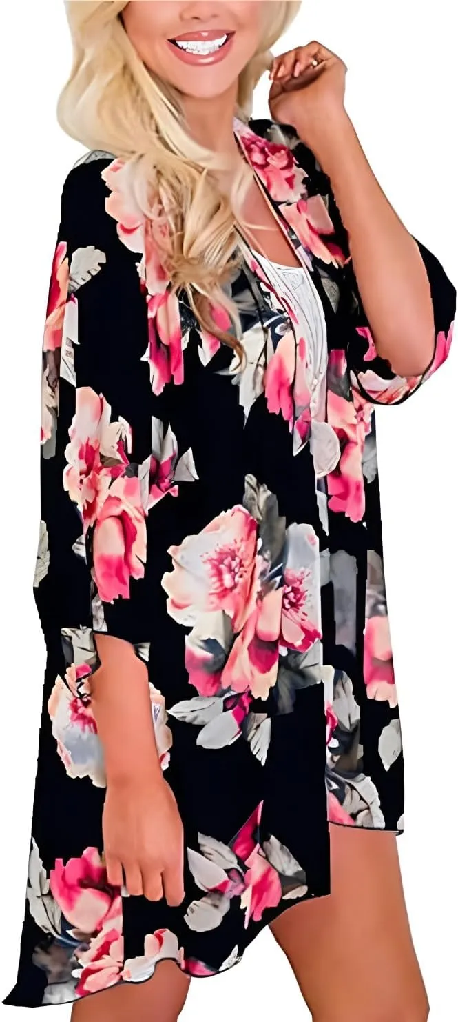 Camisunny Women Chiffon Printed Cardigan Kimono Robe Tops Beach Bikini Cover up Blouse