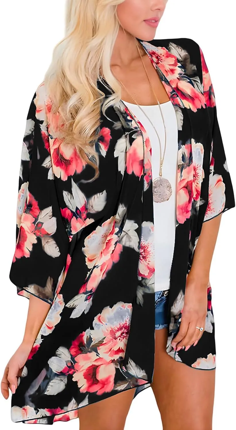 Camisunny Women Chiffon Printed Cardigan Kimono Robe Tops Beach Bikini Cover up Blouse