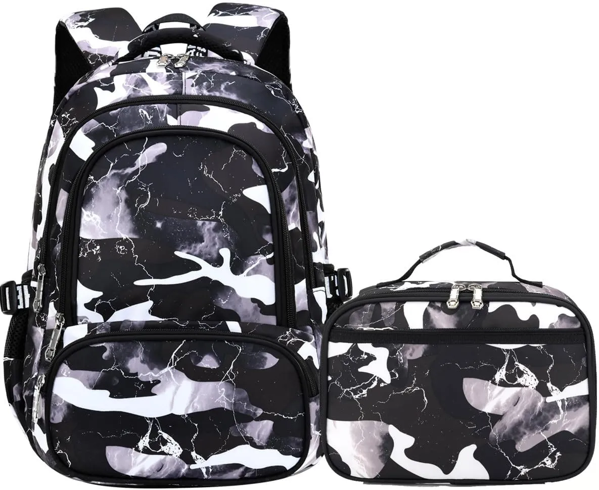 Camo Backpack for Kids, Lightweight Camo Backpack Elementary Middle School Backpack Water Repellent Bookbag (Camo Black 2 in 1)