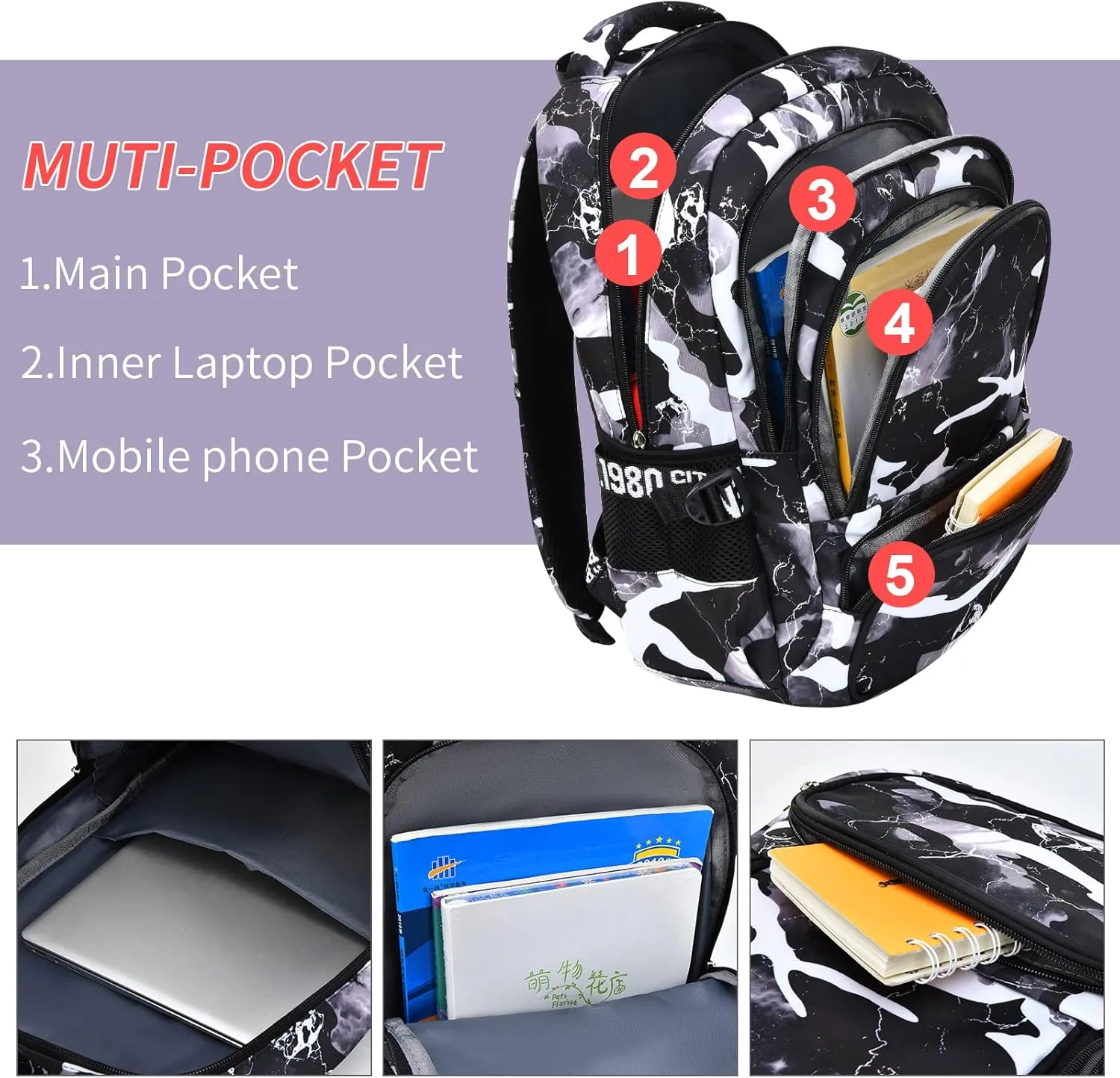 Camo Backpack for Kids, Lightweight Camo Backpack Elementary Middle School Backpack Water Repellent Bookbag (Camo Black 2 in 1)
