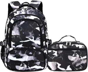 Camo Backpack for Kids, Lightweight Camo Backpack Elementary Middle School Backpack Water Repellent Bookbag (Camo Black 2 in 1)