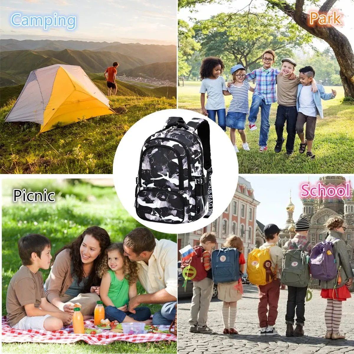 Camo Backpack for Kids, Lightweight Camo Backpack Elementary Middle School Backpack Water Repellent Bookbag (Camo Black 2 in 1)